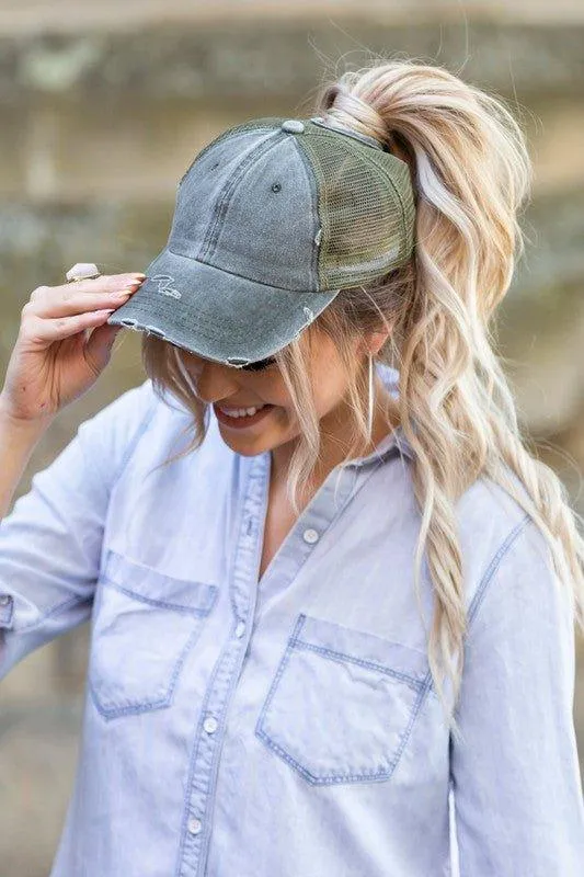 Messy Bun Distressed Cap