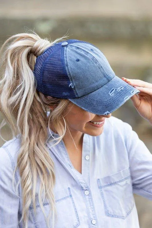 Messy Bun Distressed Cap