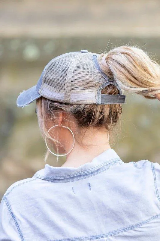 Messy Bun Distressed Cap