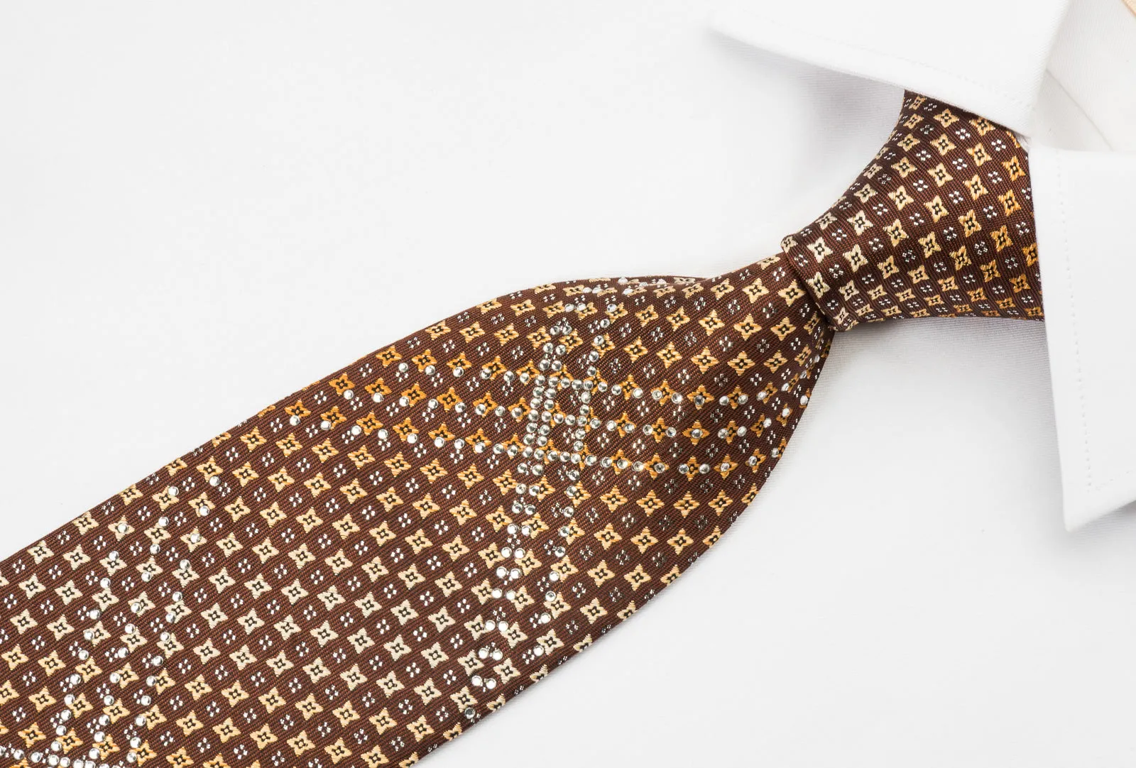 Metro City Rhinestone Necktie Golden Foulard Design On Brown With Silver Sparkles