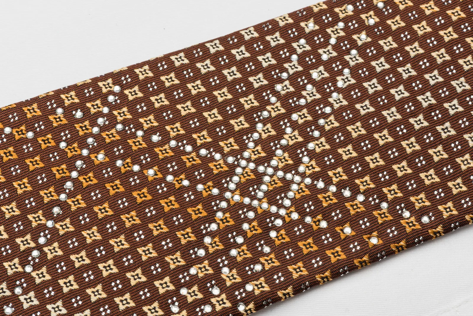 Metro City Rhinestone Necktie Golden Foulard Design On Brown With Silver Sparkles