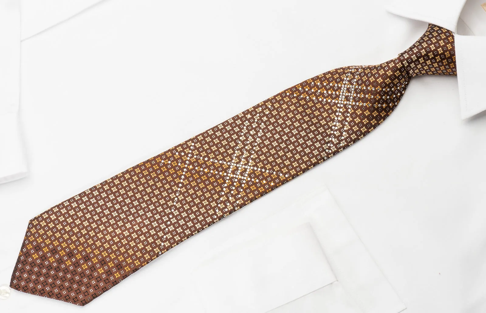 Metro City Rhinestone Necktie Golden Foulard Design On Brown With Silver Sparkles