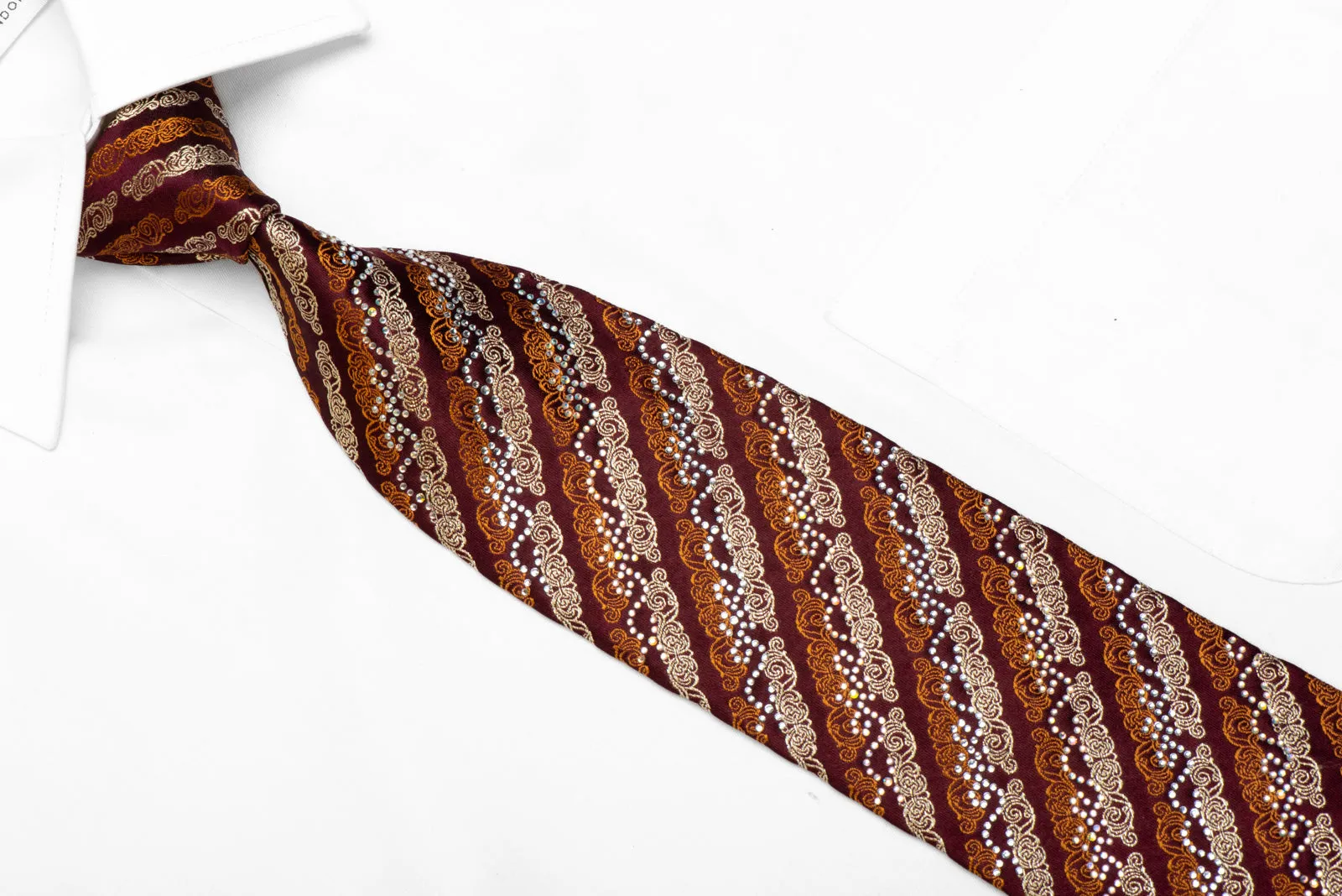 Mila Schon Rhinestone Silk Necktie Orange Gold Cartouche Striped On Burgundy