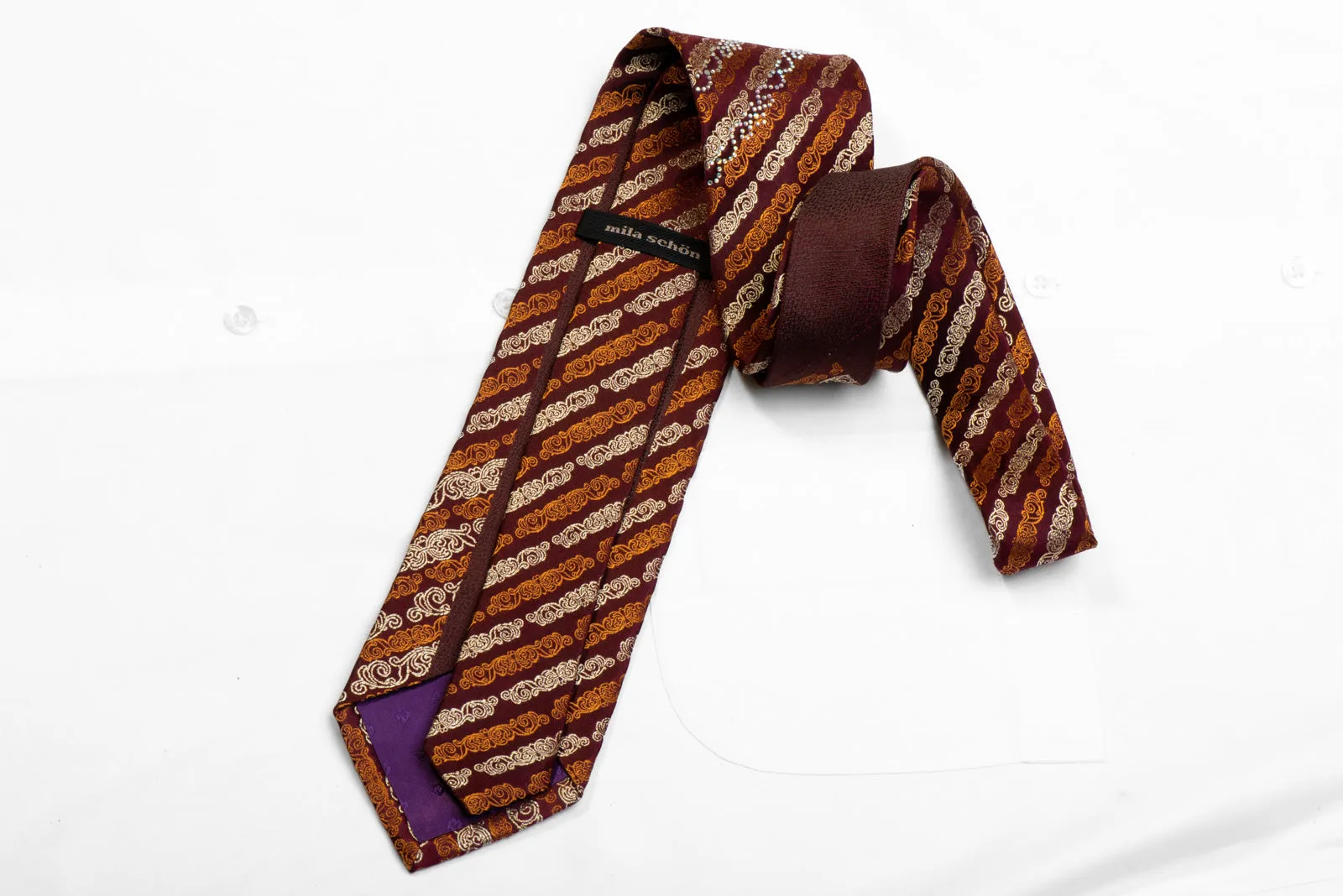 Mila Schon Rhinestone Silk Necktie Orange Gold Cartouche Striped On Burgundy