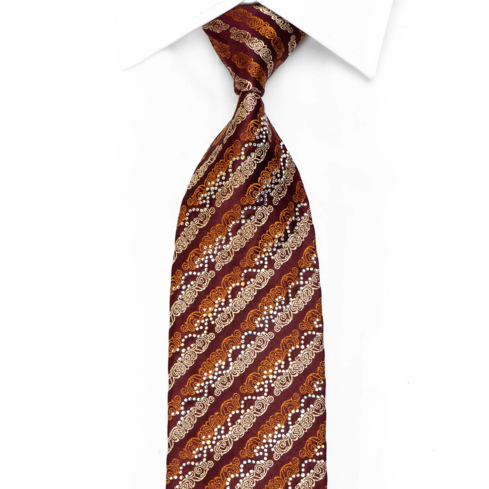 Mila Schon Rhinestone Silk Necktie Orange Gold Cartouche Striped On Burgundy