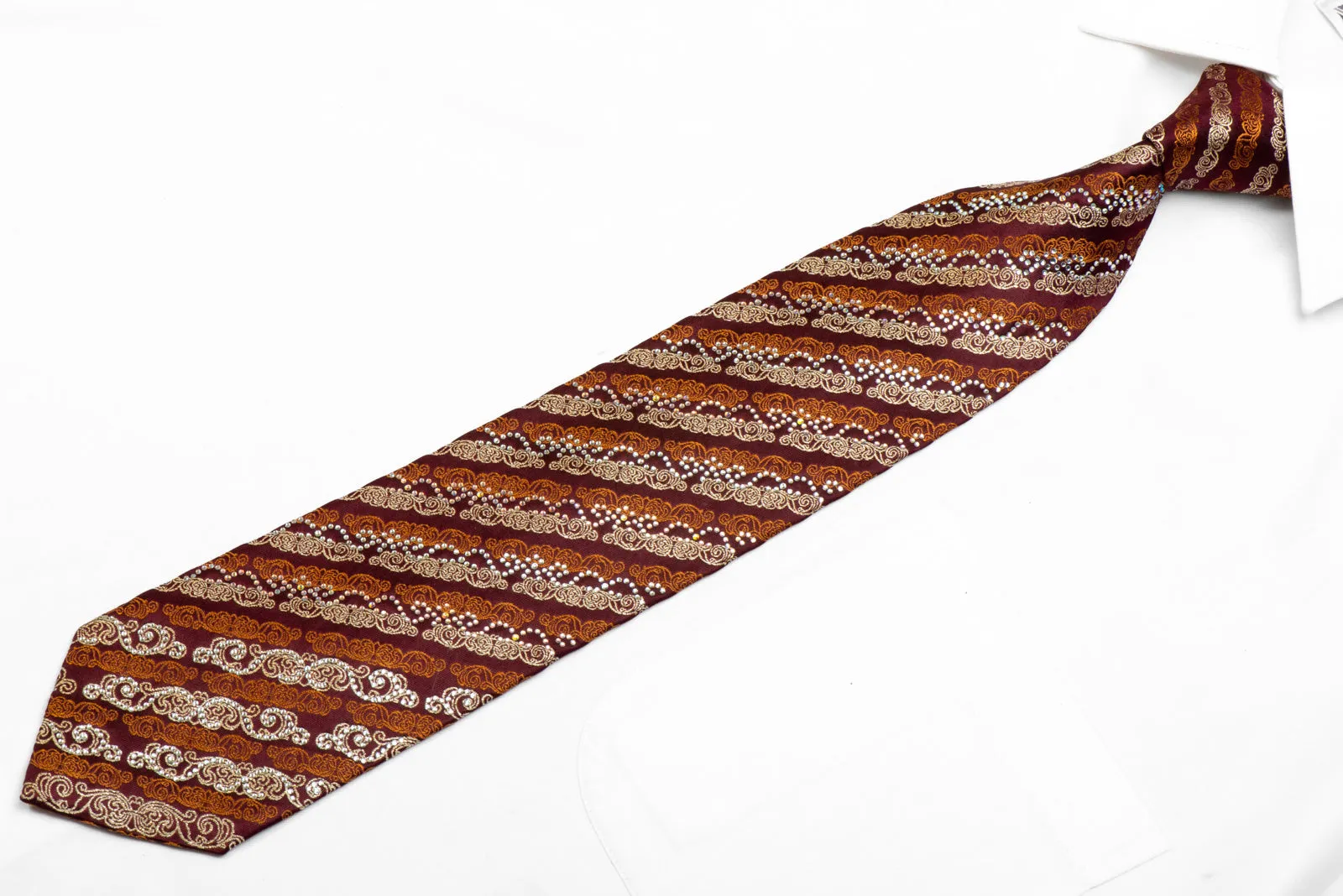 Mila Schon Rhinestone Silk Necktie Orange Gold Cartouche Striped On Burgundy