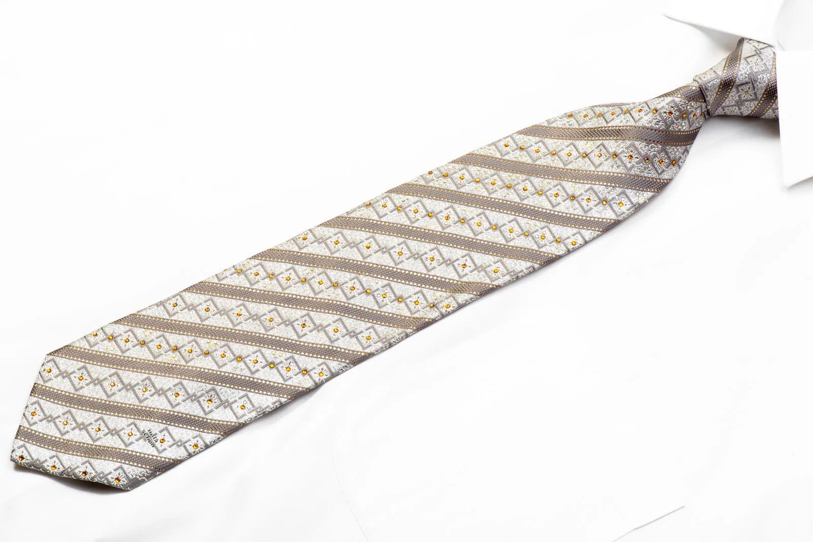 Mila Schon Rhinestone Tie Silver Striped Geometric On Silver With Sparkles