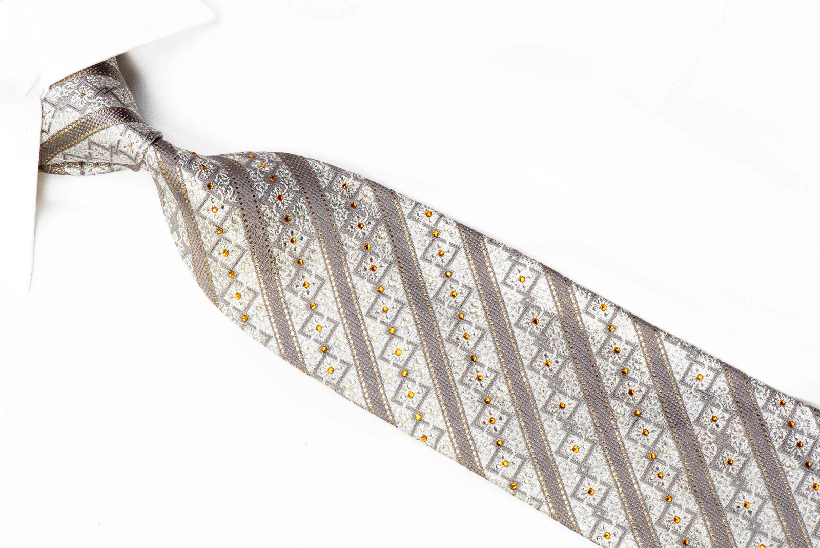 Mila Schon Rhinestone Tie Silver Striped Geometric On Silver With Sparkles