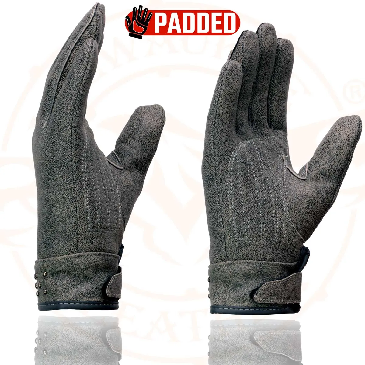 Milwaukee Leather MG7760 Women's Distressed Grey Leather Gel Palm Motorcycle Hand Gloves W/ Stylish ‘Wrist Detailing’