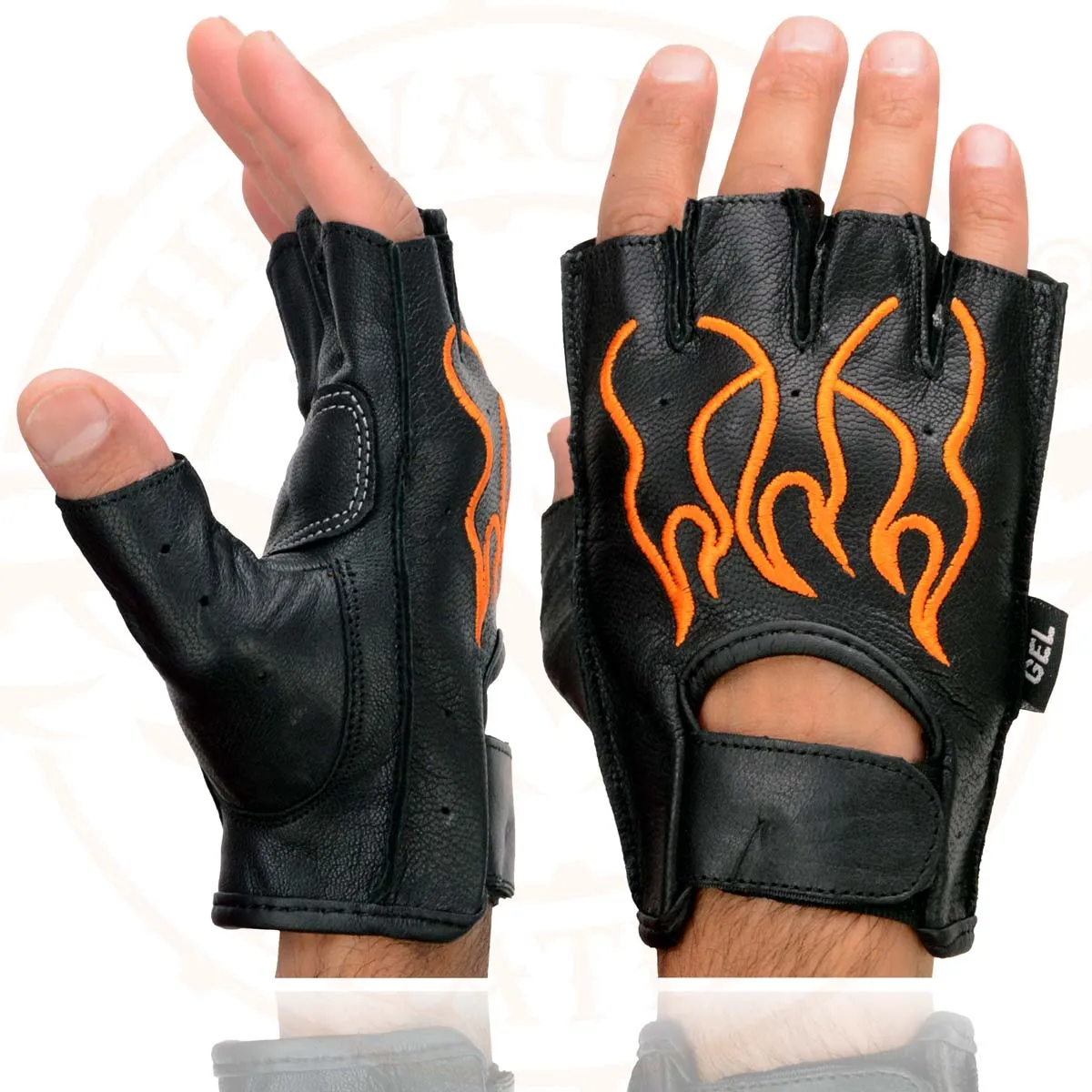 Milwaukee Leather SH198 Men's Black Leather Gel Padded Palm Fingerless Motorcycle Hand Gloves W/ ‘Orange Flame Embroidered’