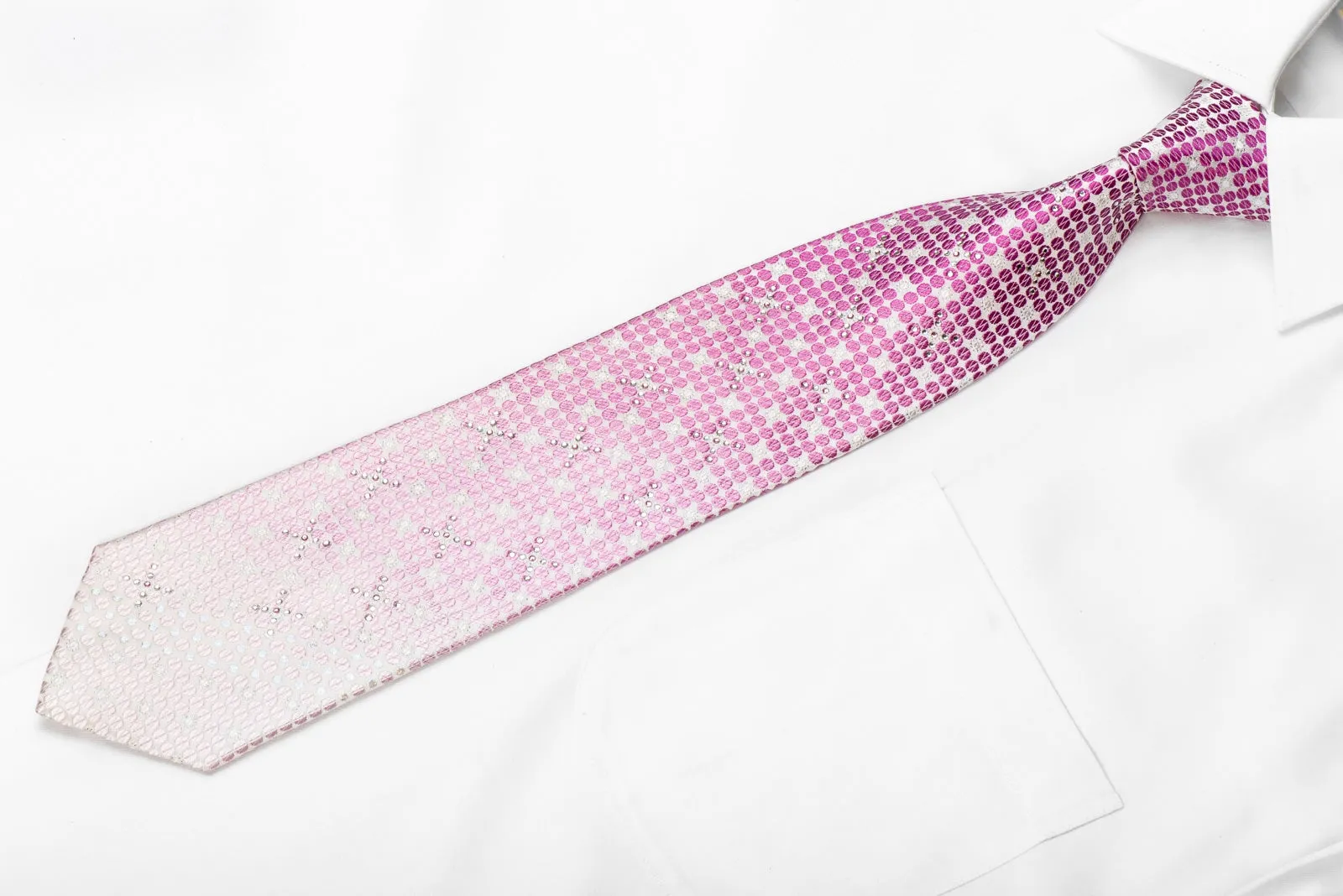 Nicole St Giles Men's Crystal Silk Necktie Pink Circles On White With Sparkles