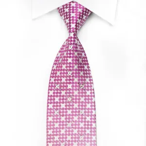 Nicole St Giles Men's Crystal Silk Necktie Pink Circles On White With Sparkles