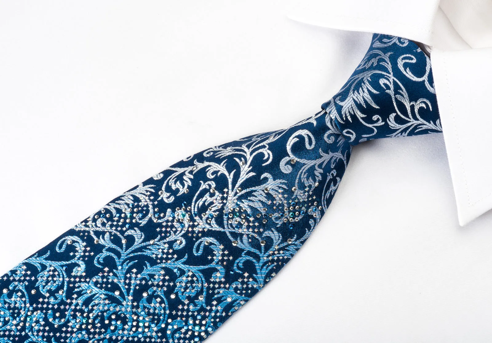 Nicole St Giles Silk Rhinestone Necktie Vines On Blue With Silver Sparkles