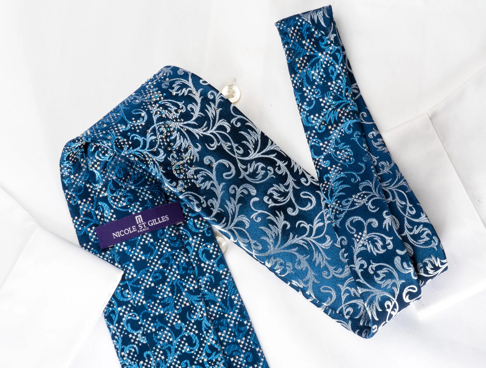 Nicole St Giles Silk Rhinestone Necktie Vines On Blue With Silver Sparkles