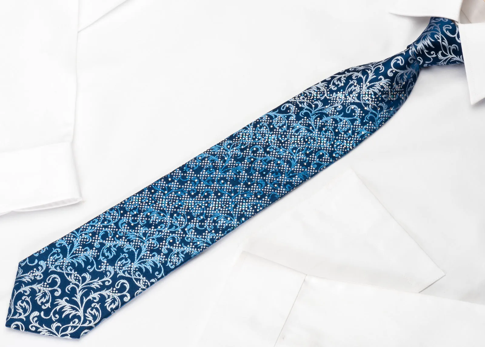 Nicole St Giles Silk Rhinestone Necktie Vines On Blue With Silver Sparkles