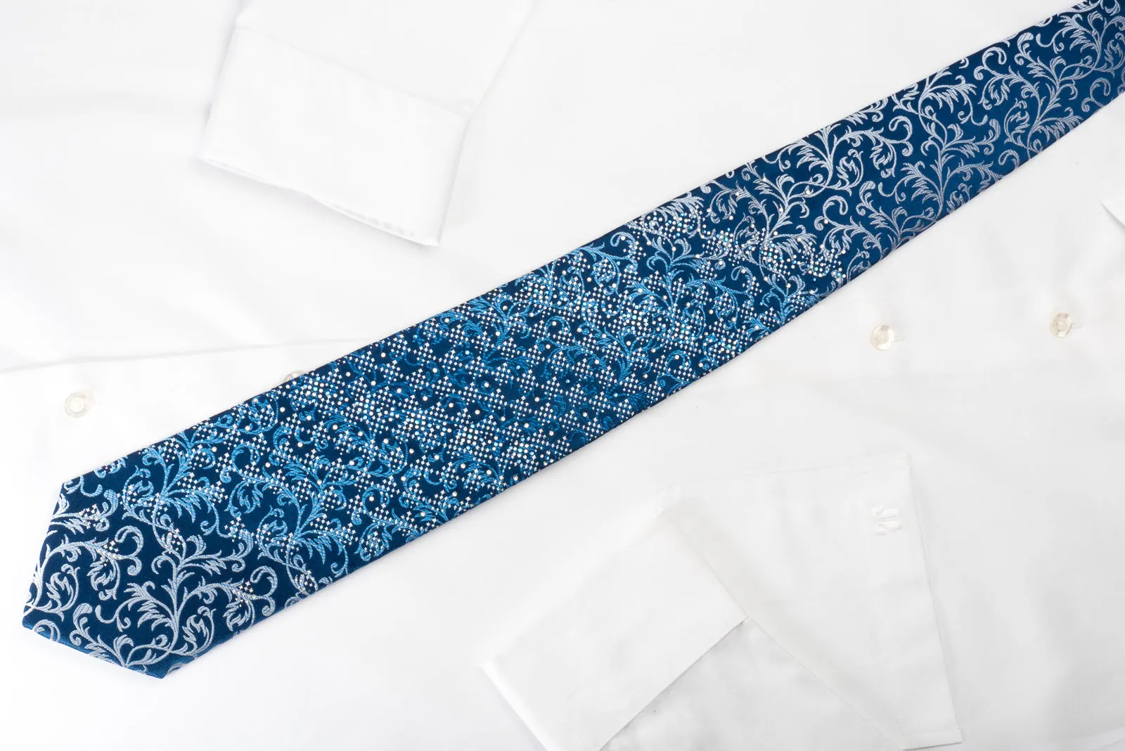 Nicole St Giles Silk Rhinestone Necktie Vines On Blue With Silver Sparkles