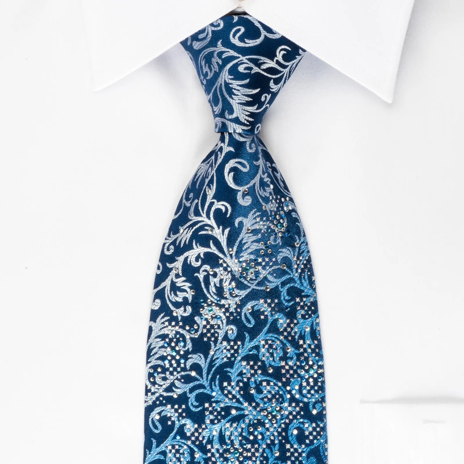 Nicole St Giles Silk Rhinestone Necktie Vines On Blue With Silver Sparkles