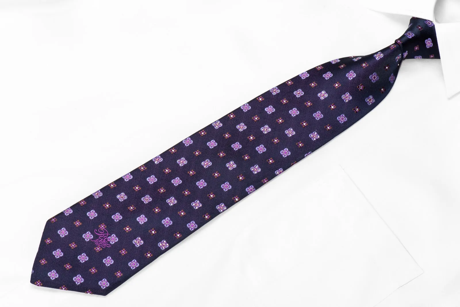 Nina Ricci Men's Crystal Silk Necktie Foulard On Navy Sparkling With Rhinestones