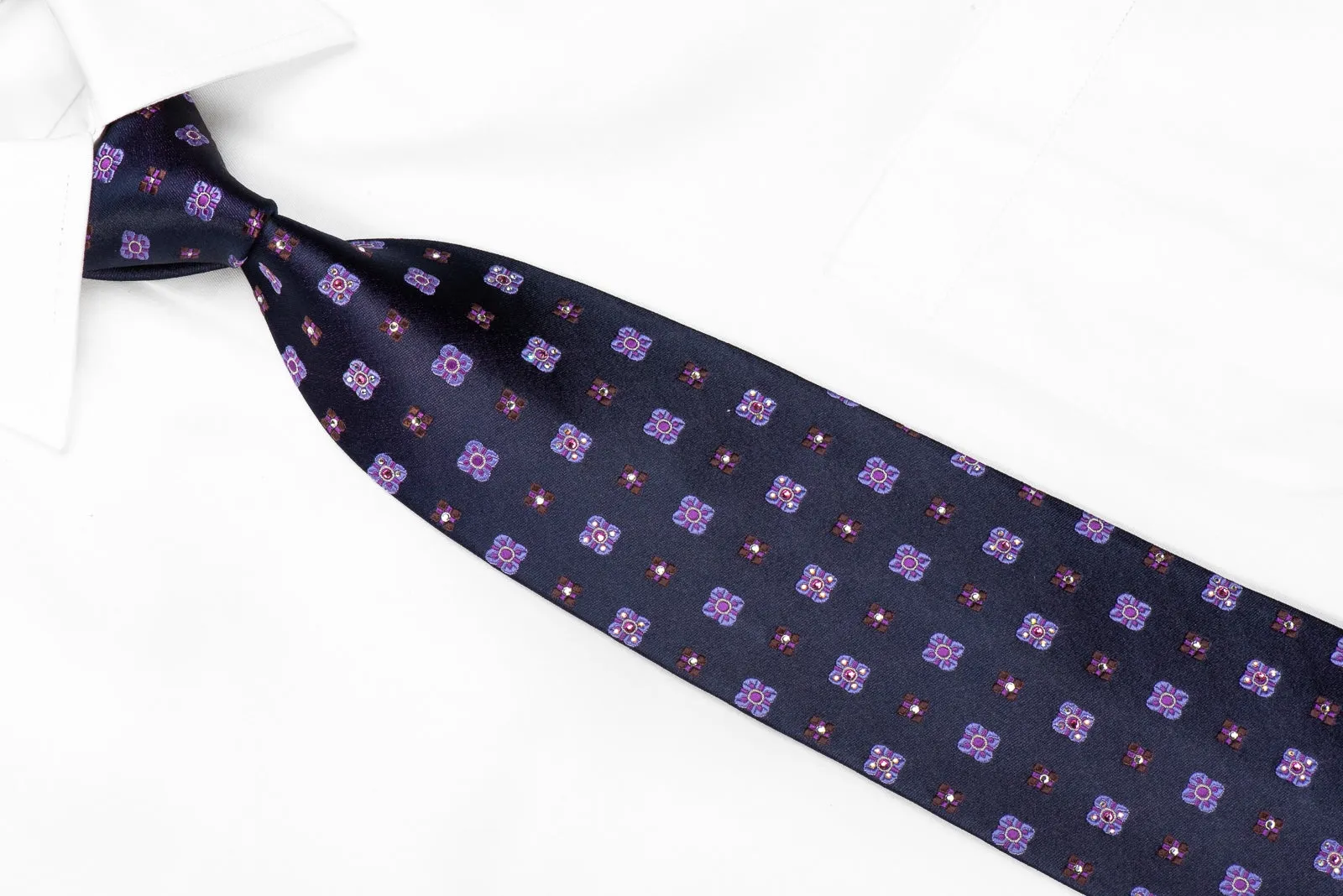 Nina Ricci Men's Crystal Silk Necktie Foulard On Navy Sparkling With Rhinestones