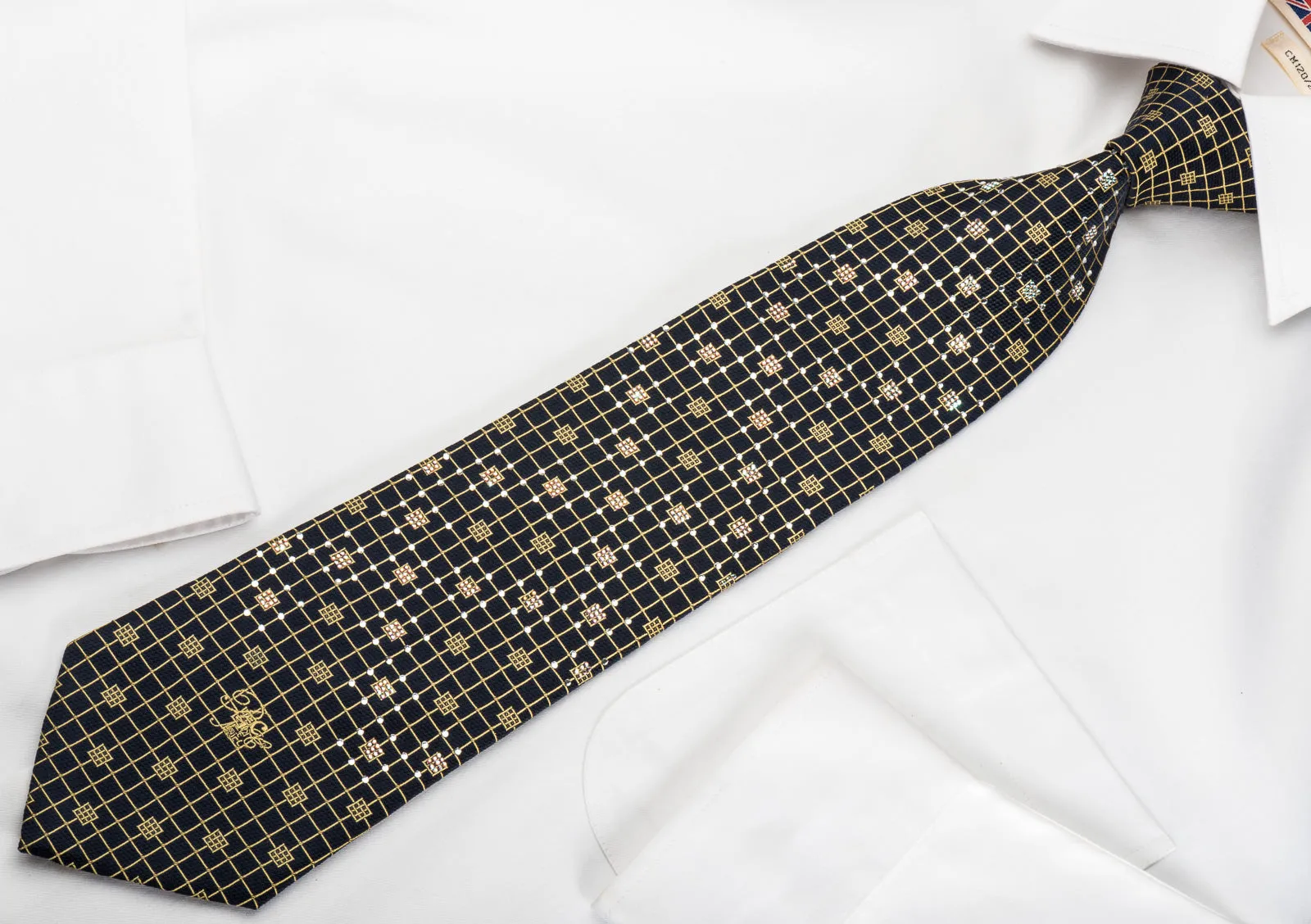 Nina Ricci Silk Necktie Golden Trellis On Navy Blue Sparkling With Crystal Rhinestones