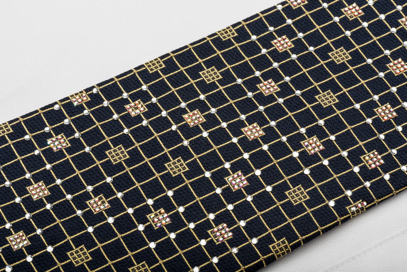 Nina Ricci Silk Necktie Golden Trellis On Navy Blue Sparkling With Crystal Rhinestones