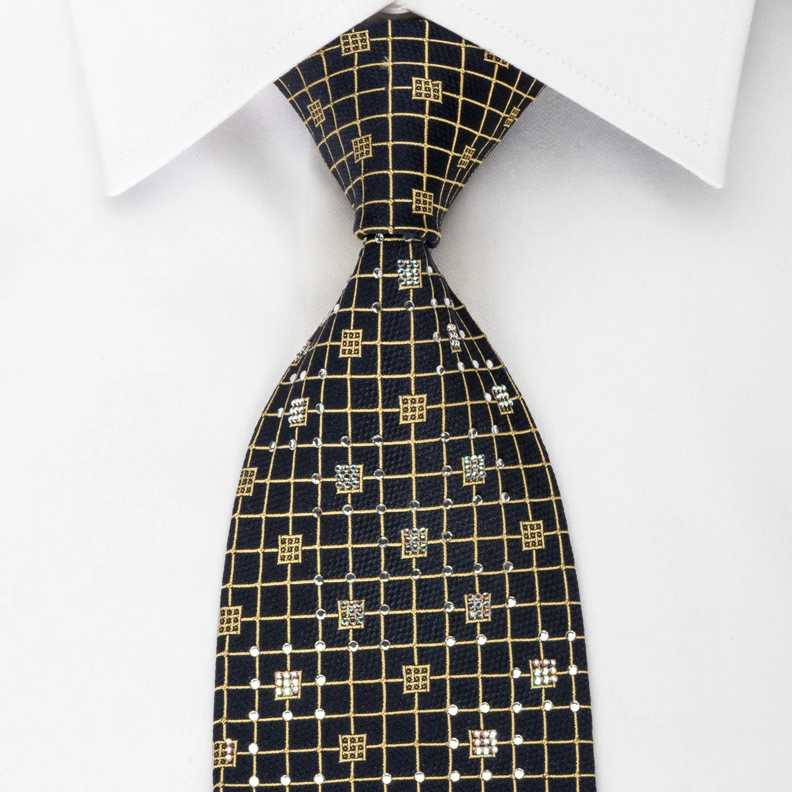 Nina Ricci Silk Necktie Golden Trellis On Navy Blue Sparkling With Crystal Rhinestones