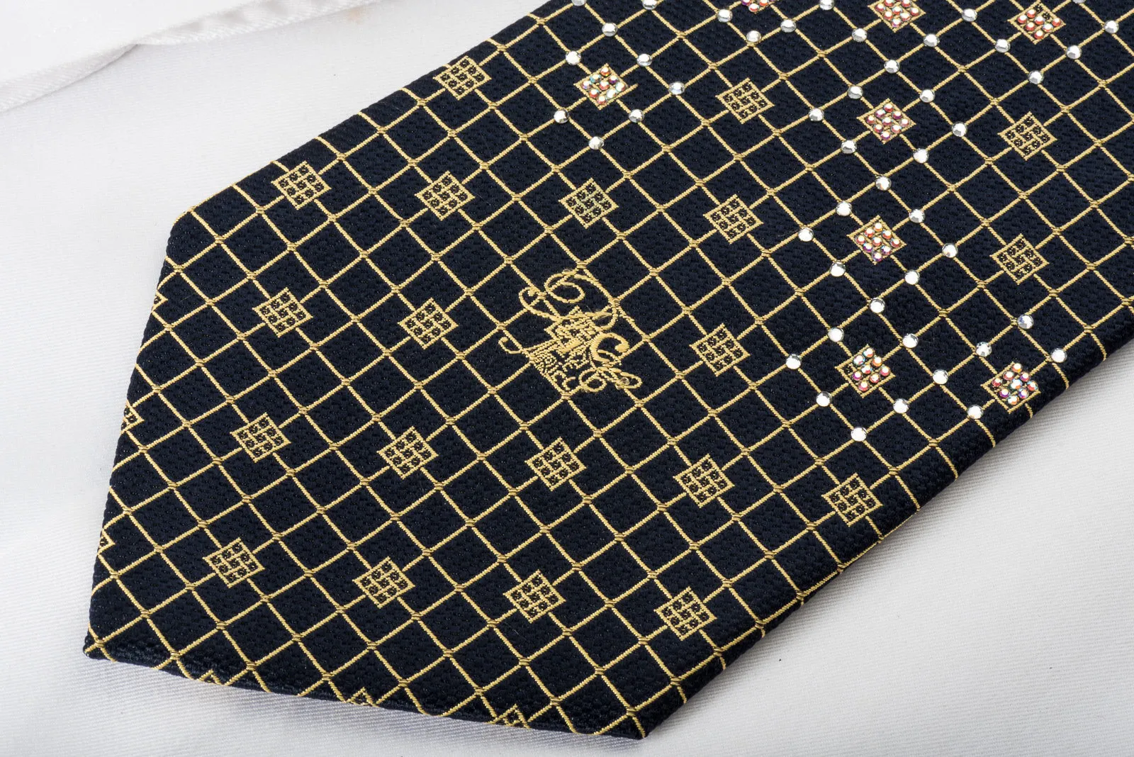 Nina Ricci Silk Necktie Golden Trellis On Navy Blue Sparkling With Crystal Rhinestones