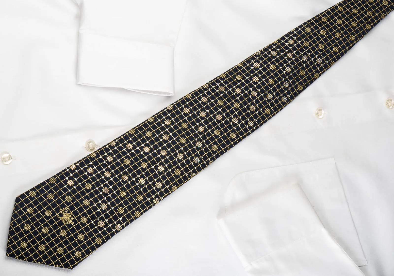 Nina Ricci Silk Necktie Golden Trellis On Navy Blue Sparkling With Crystal Rhinestones