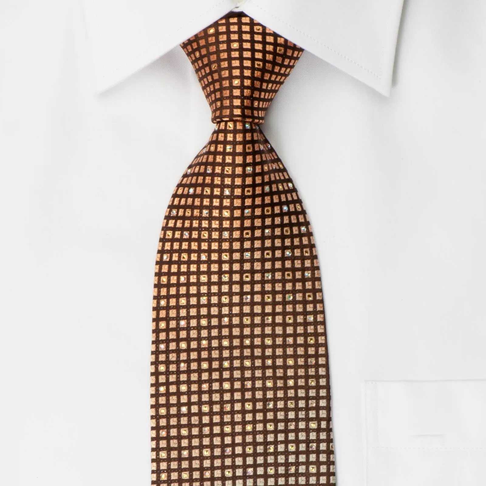 Nina Ricci Stylish Rhinestone Silk Tie With Bling Orange Checked On Brown With Micro Silver Sparkles