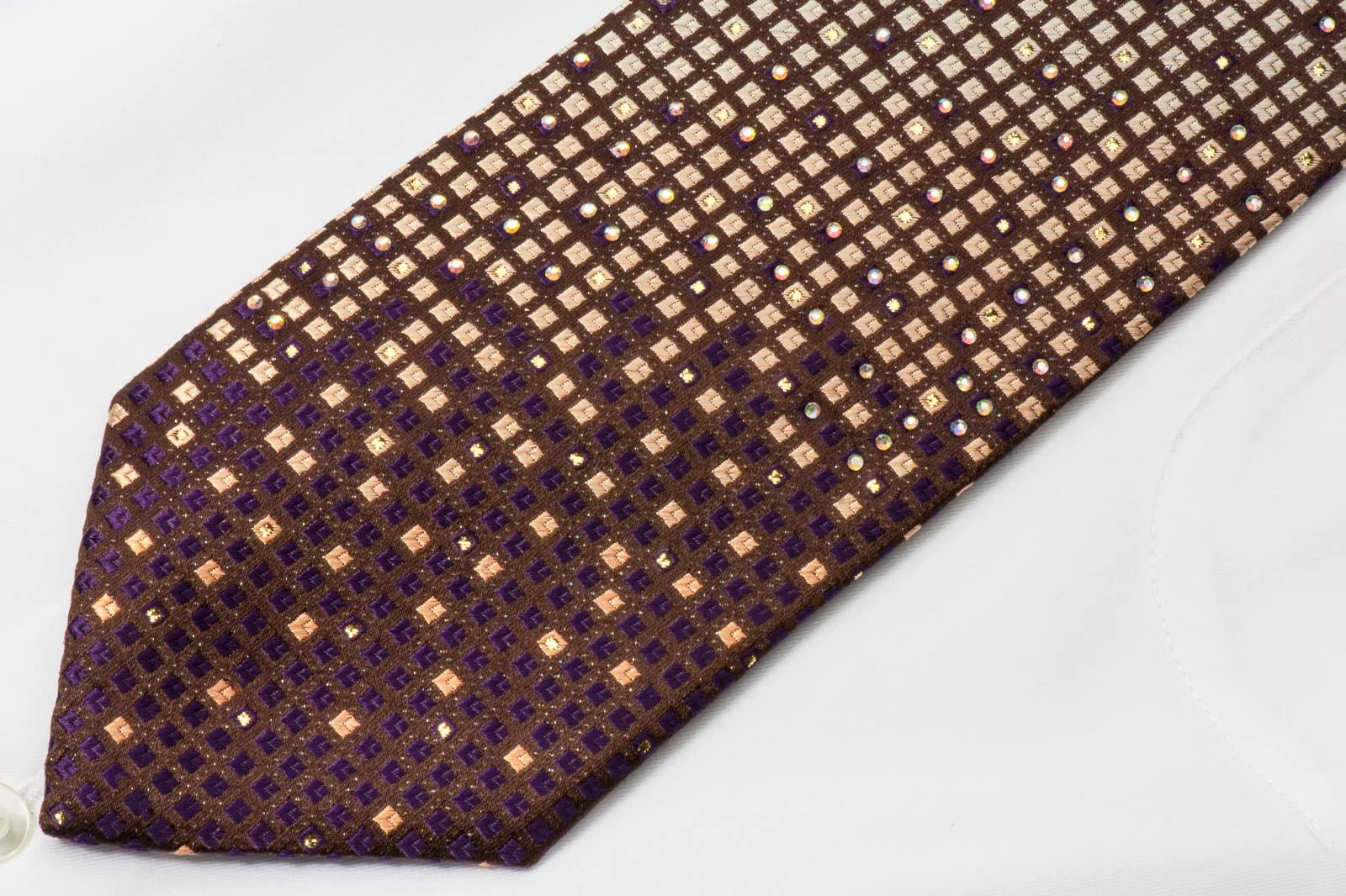 Nina Ricci Stylish Rhinestone Silk Tie With Bling Orange Checked On Brown With Micro Silver Sparkles