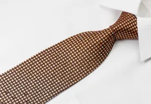 Nina Ricci Stylish Rhinestone Silk Tie With Bling Orange Checked On Brown With Micro Silver Sparkles