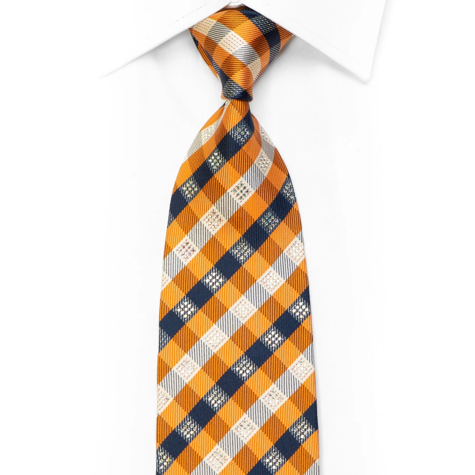 Orange Blue Plaid Silk Necktie Sparkling With Rhinestones