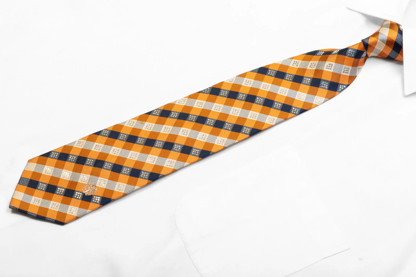 Orange Blue Plaid Silk Necktie Sparkling With Rhinestones