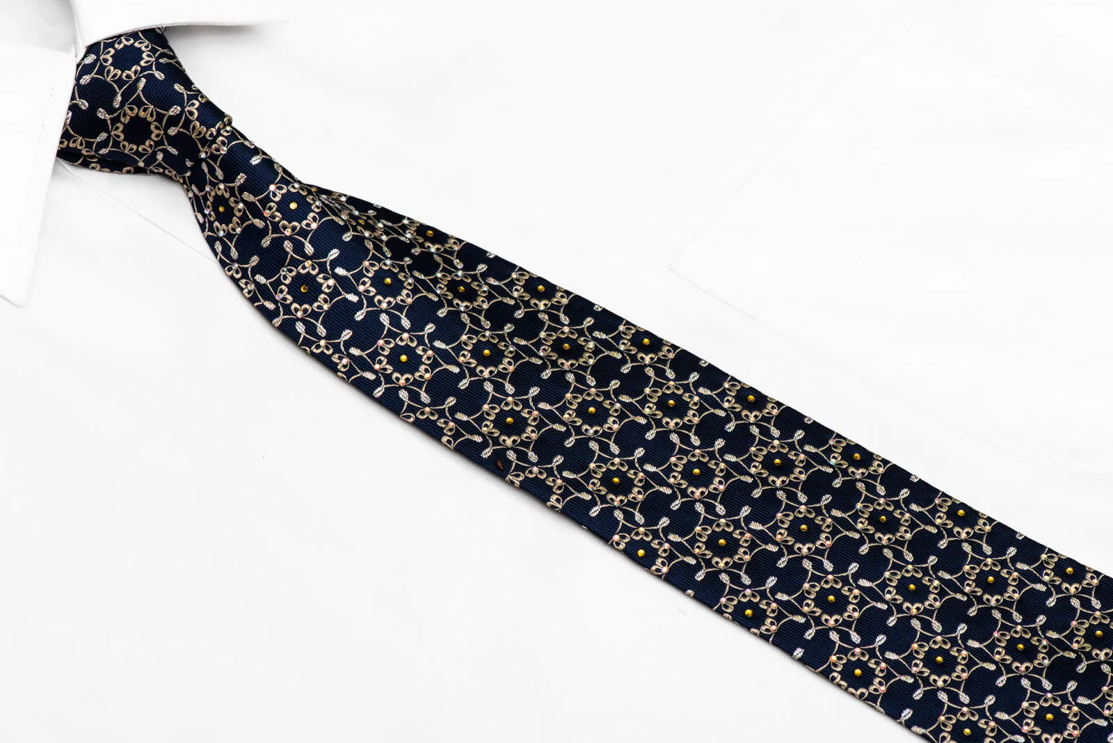 Ornate Gold Design On Navy Blue Rhinestone Silk Necktie With Sparkles