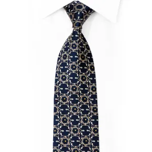 Ornate Gold Design On Navy Blue Rhinestone Silk Necktie With Sparkles