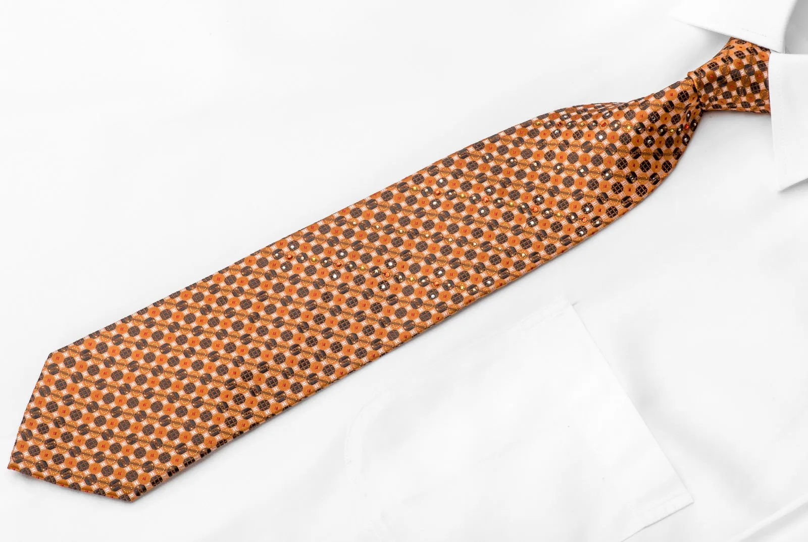 Paco Rabanne Mens Crystal Necktie Orange Brown Geometric With Silver Sparkles