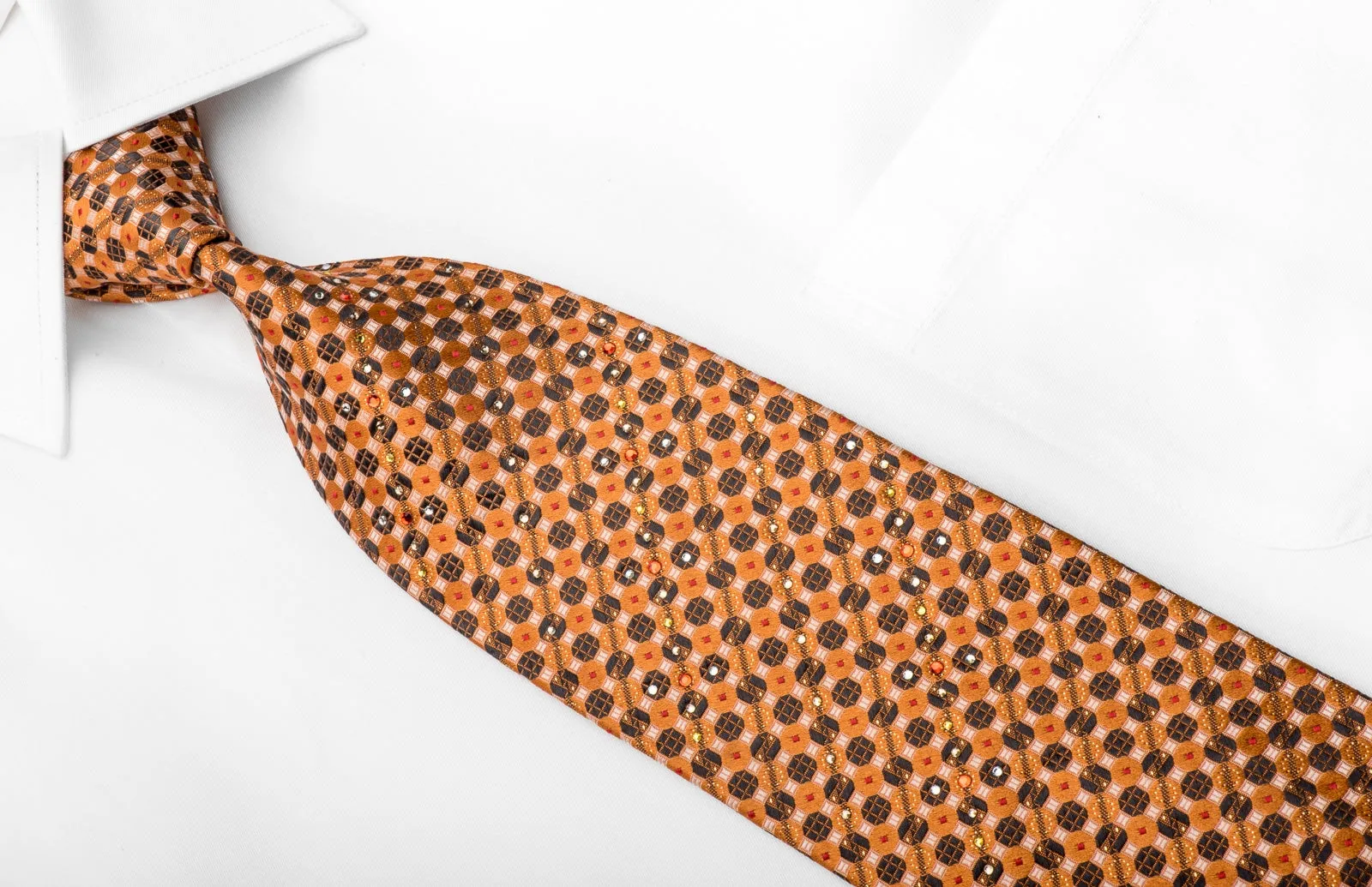 Paco Rabanne Mens Crystal Necktie Orange Brown Geometric With Silver Sparkles