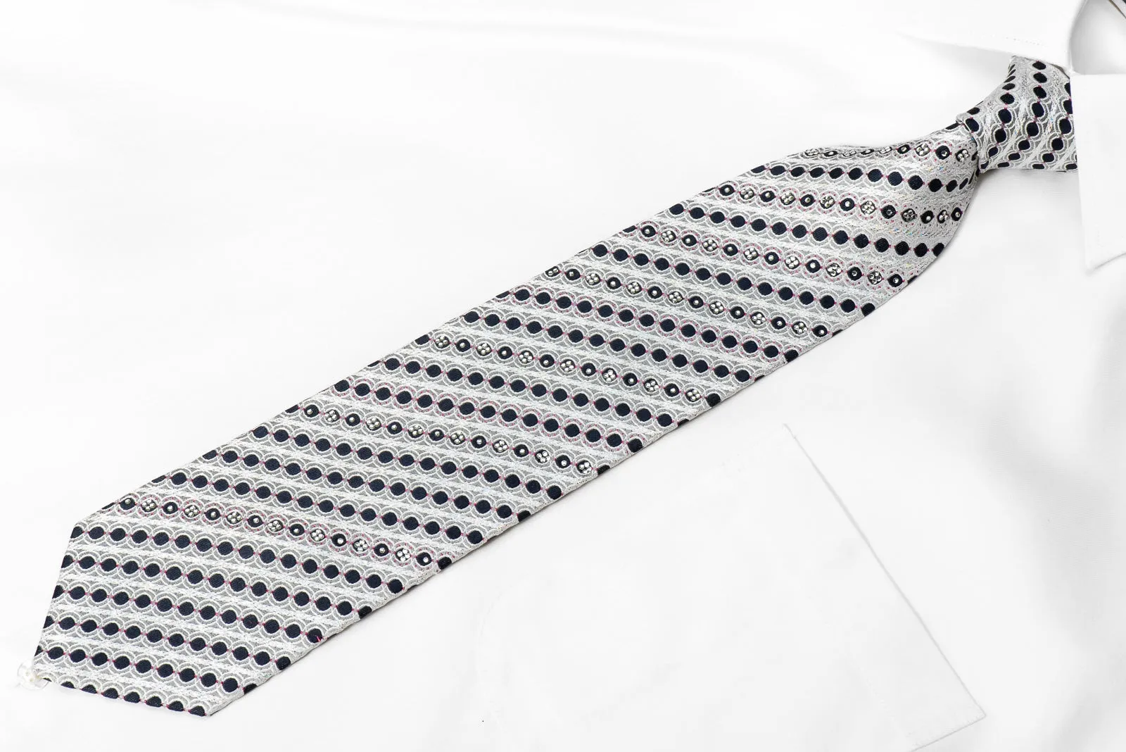 Paco Rabanne Men's Crystal Rhinestone Silk Necktie Geometric & Striped On Silver With Sparkles