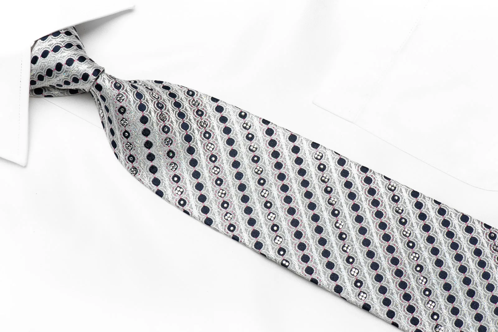 Paco Rabanne Men's Crystal Rhinestone Silk Necktie Geometric & Striped On Silver With Sparkles