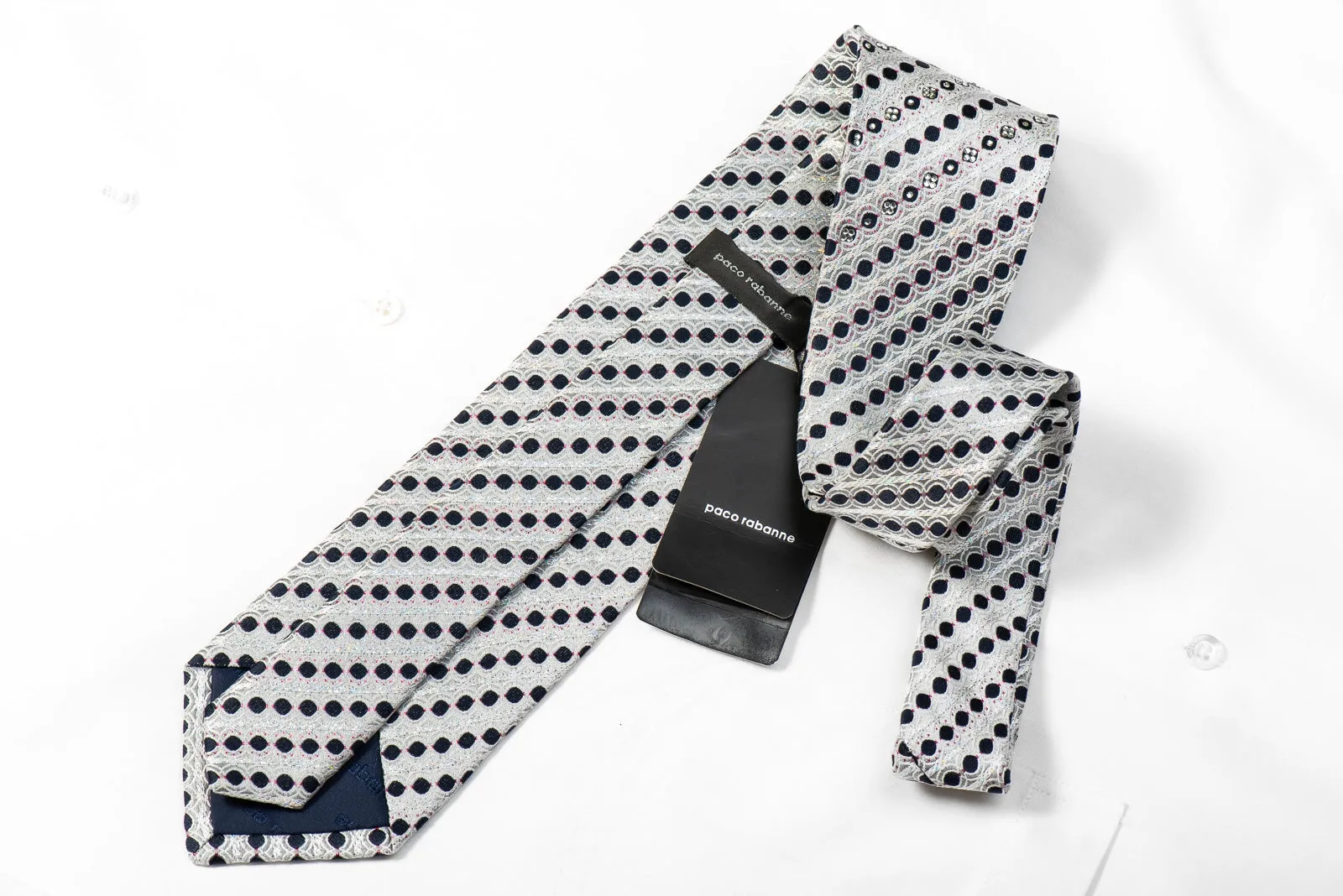 Paco Rabanne Men's Crystal Rhinestone Silk Necktie Geometric & Striped On Silver With Sparkles