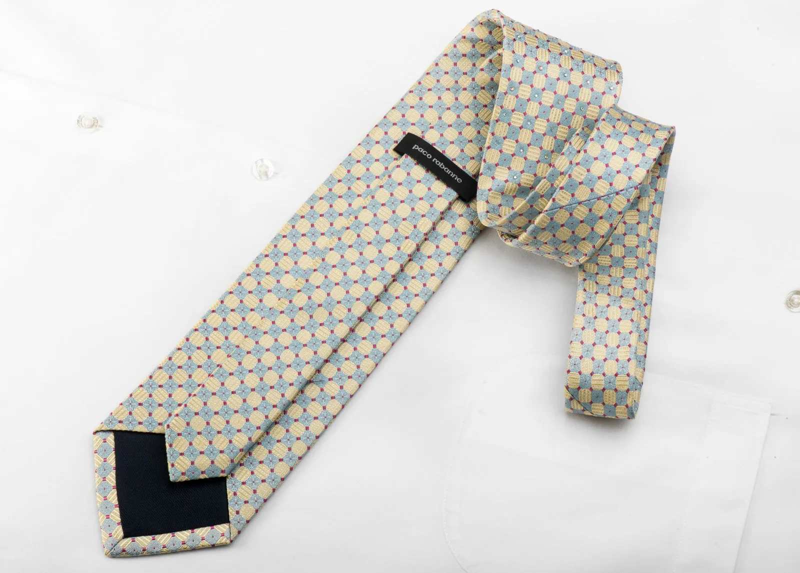 Paco Rabanne Men's Crystal Rhinestone Tie Blue Yellow Checkered Silk With Silver Sparkles