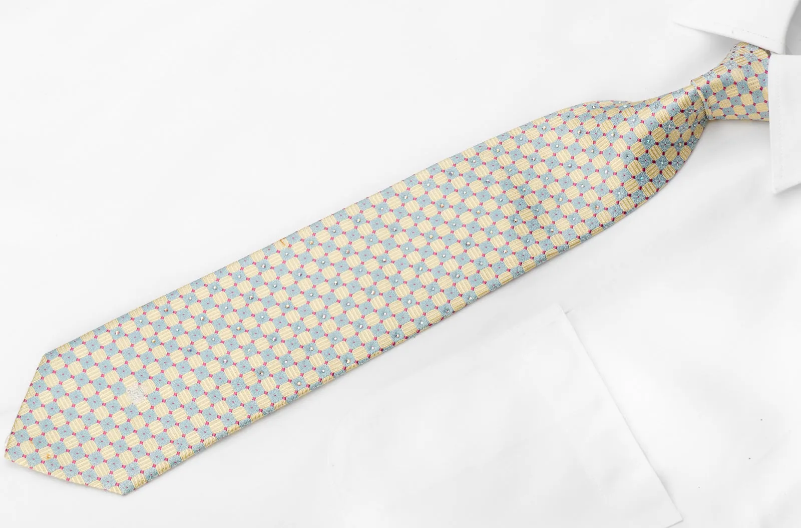 Paco Rabanne Men's Crystal Rhinestone Tie Blue Yellow Checkered Silk With Silver Sparkles