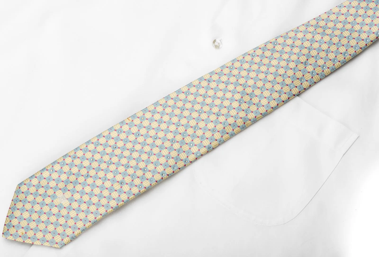 Paco Rabanne Men's Crystal Rhinestone Tie Blue Yellow Checkered Silk With Silver Sparkles