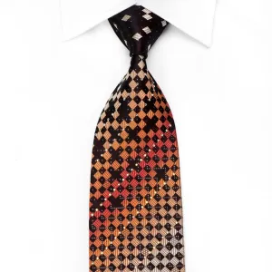 Paco-Rabanne Men's Crystal Silk Necktie Orange Black Checkered With Sparkles