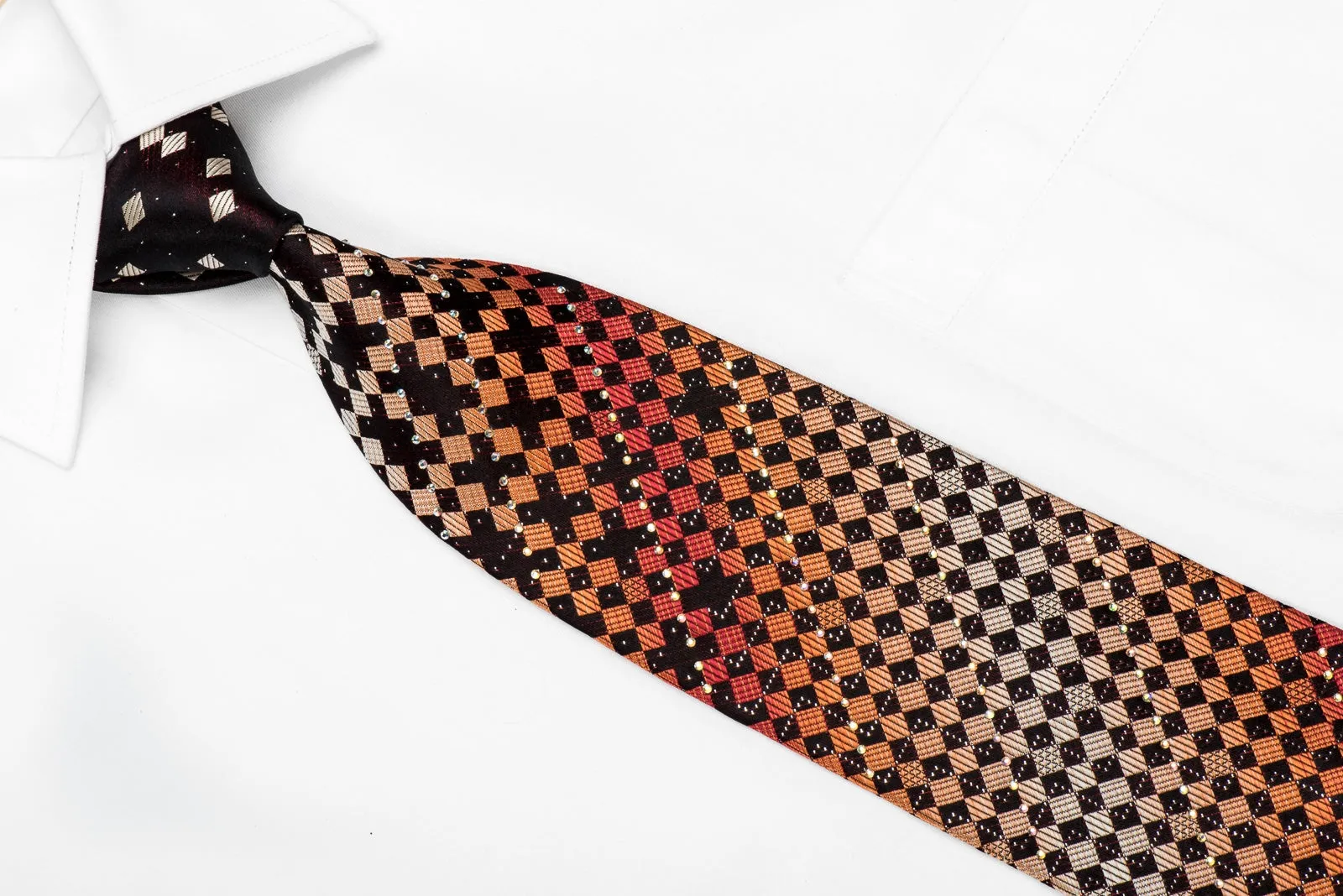 Paco-Rabanne Men's Crystal Silk Necktie Orange Black Checkered With Sparkles