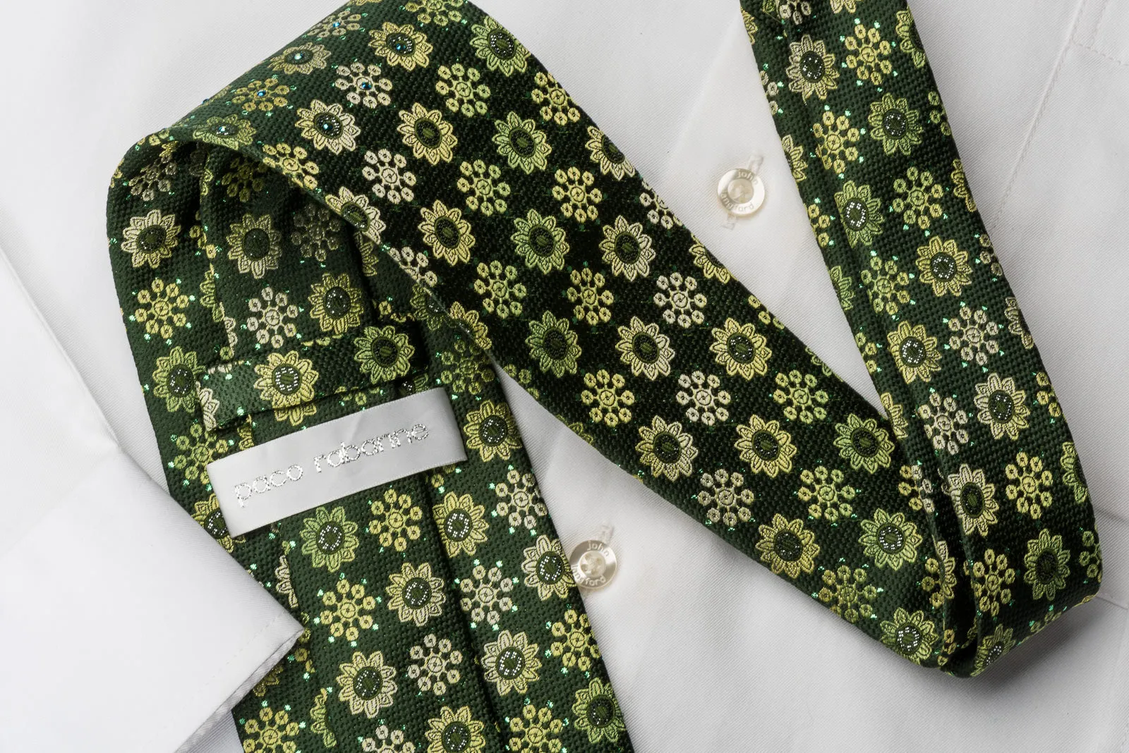 Paco Rabanne Rhinestone Necktie Foulard Floral On Green With Silver Sparkles