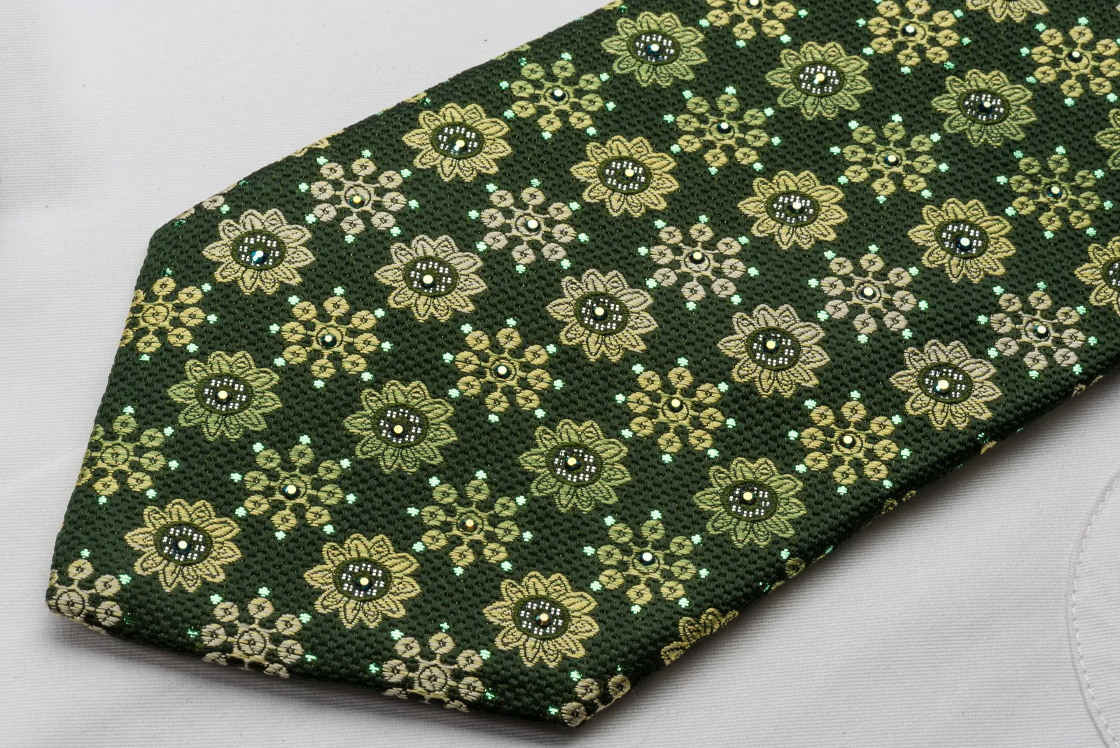 Paco Rabanne Rhinestone Necktie Foulard Floral On Green With Silver Sparkles