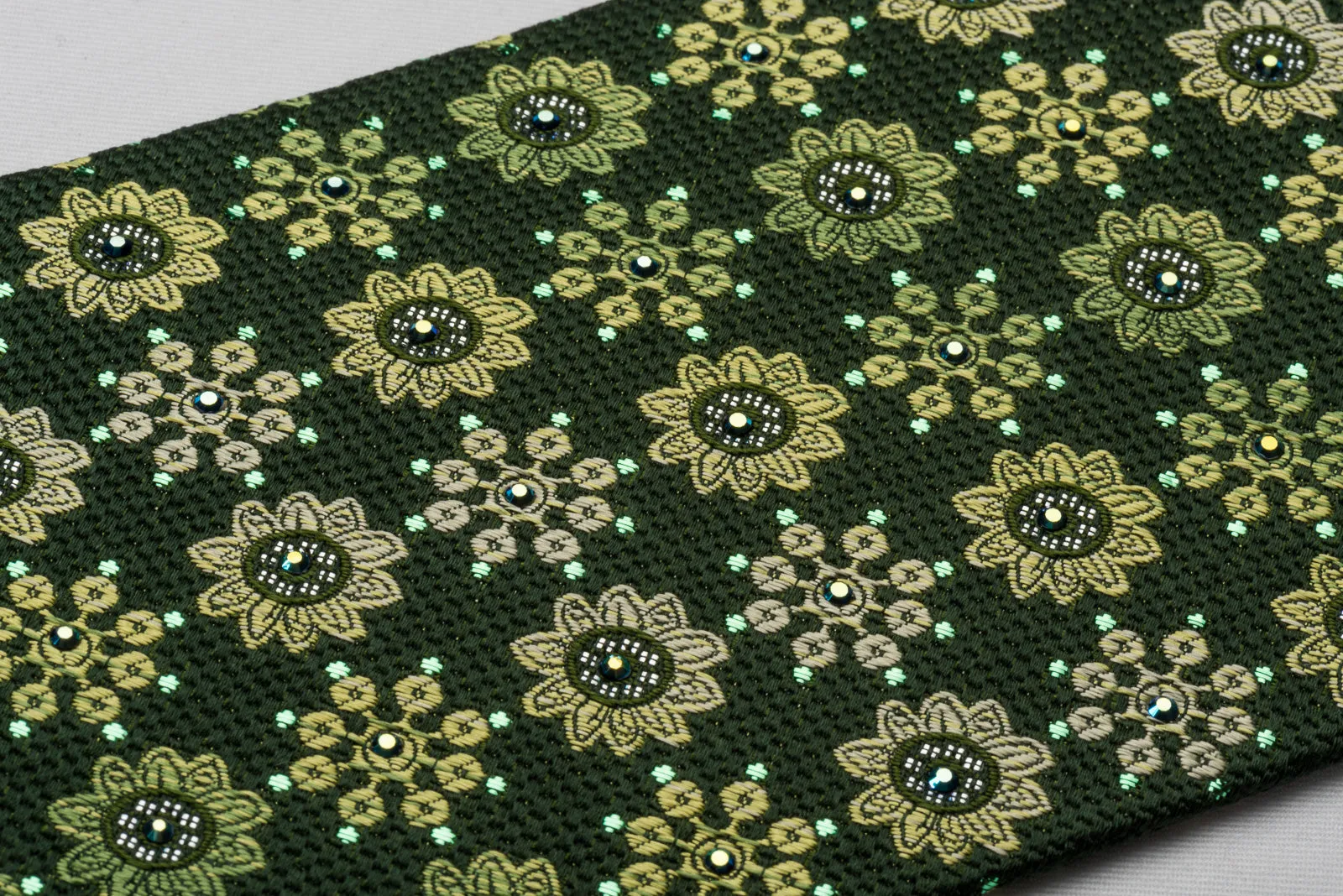 Paco Rabanne Rhinestone Necktie Foulard Floral On Green With Silver Sparkles