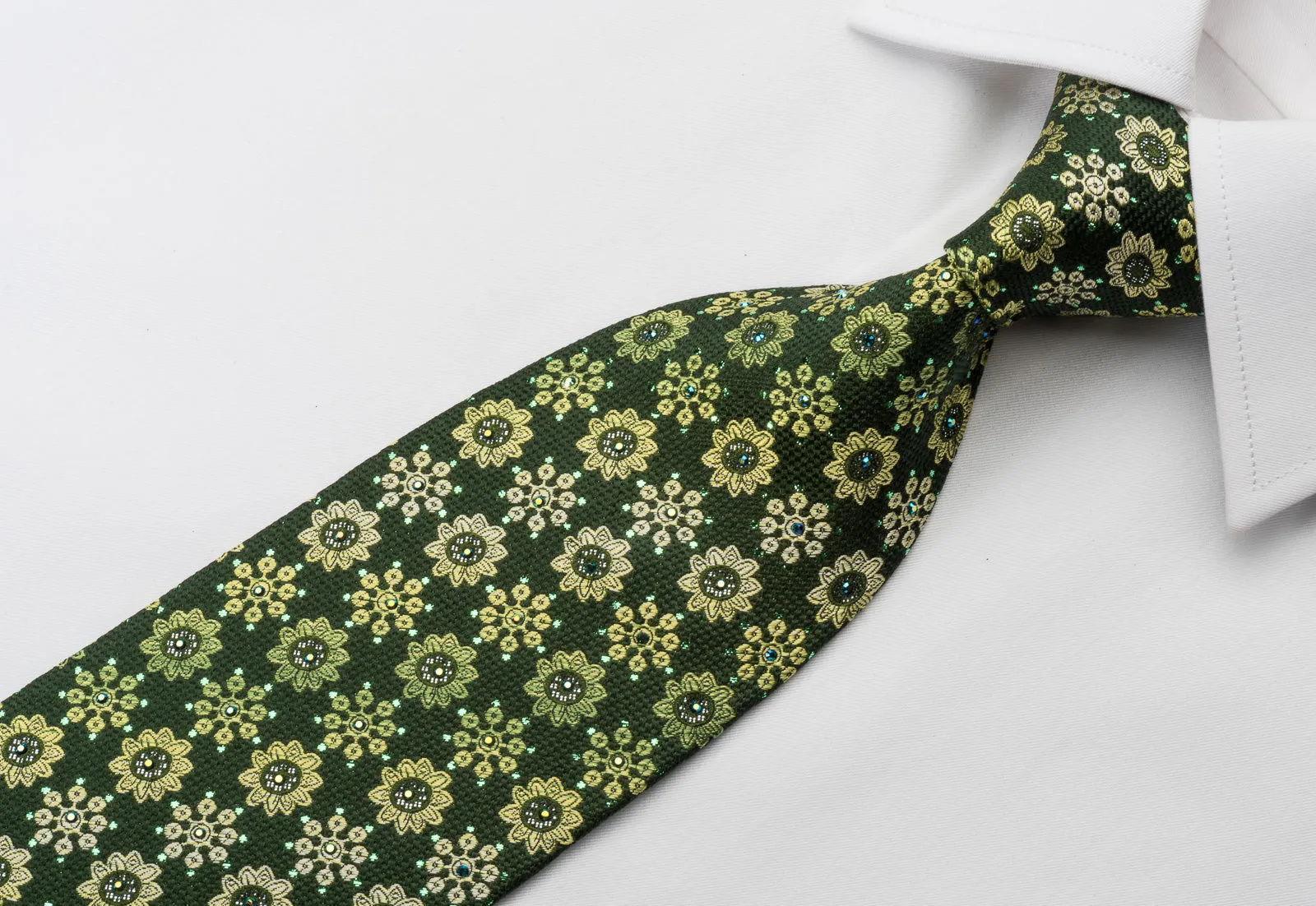 Paco Rabanne Rhinestone Necktie Foulard Floral On Green With Silver Sparkles