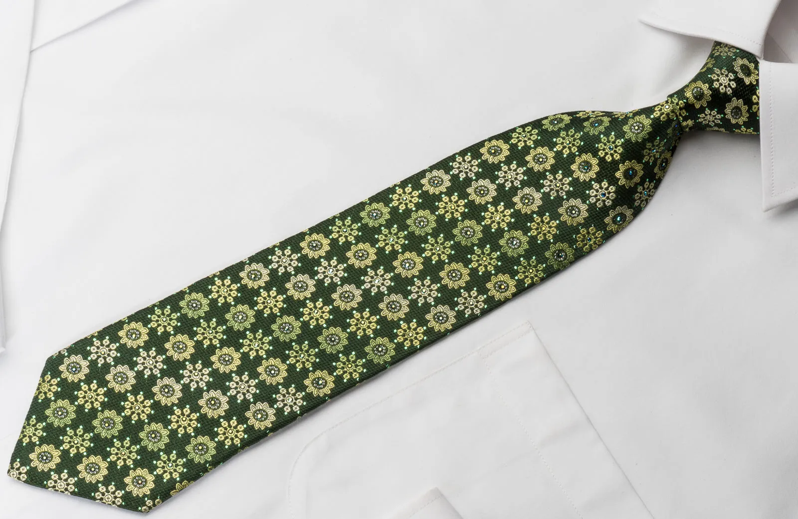 Paco Rabanne Rhinestone Necktie Foulard Floral On Green With Silver Sparkles